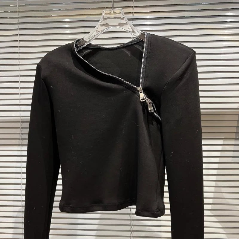 Alt Tag: Asymmetric Zip Sculpt Long-Sleeve Top – Minimalist Streetwear Cutout Tee black long-sleeve with diagonal zipper and sculpted fit