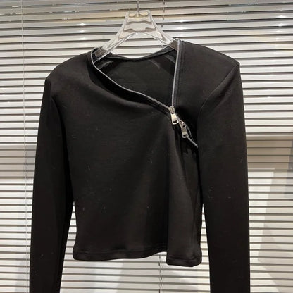 Alt Tag: Asymmetric Zip Sculpt Long-Sleeve Top – Minimalist Streetwear Cutout Tee black long-sleeve with diagonal zipper and sculpted fit