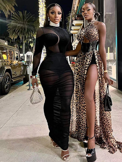 Alt Tag: Black Velvet + Mesh Illusion velvet mock-neck bodysuit with mesh panels and ruched maxi skirt, luxury night-out two-piece set