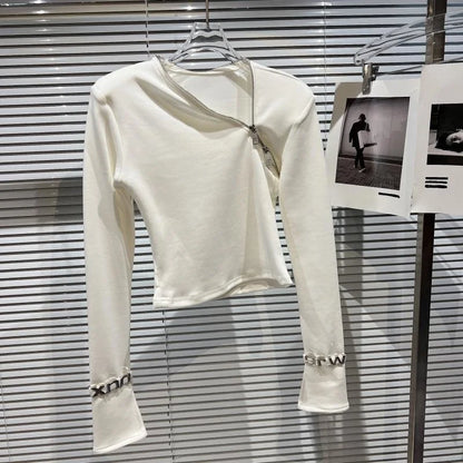 Alt Tag: Asymmetric Zip Sculpt Long-Sleeve Top – Minimalist Streetwear Cutout Tee in white, diagonal zipper neckline, sculpted fit, wrist accents