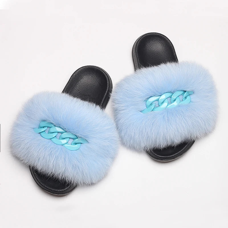 Women’s Fluffy Fox Fur Chain Slides, product view 17 - Rose in Concrete