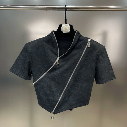 Asymmetry Edge Zip Top - Rose In Concrete 🥀