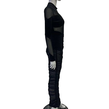 Alt Tag: Black Velvet + Mesh Illusion 2-piece maxi dress set, sheer mesh long-sleeve mock-neck bodysuit with ruched mesh skirt side view