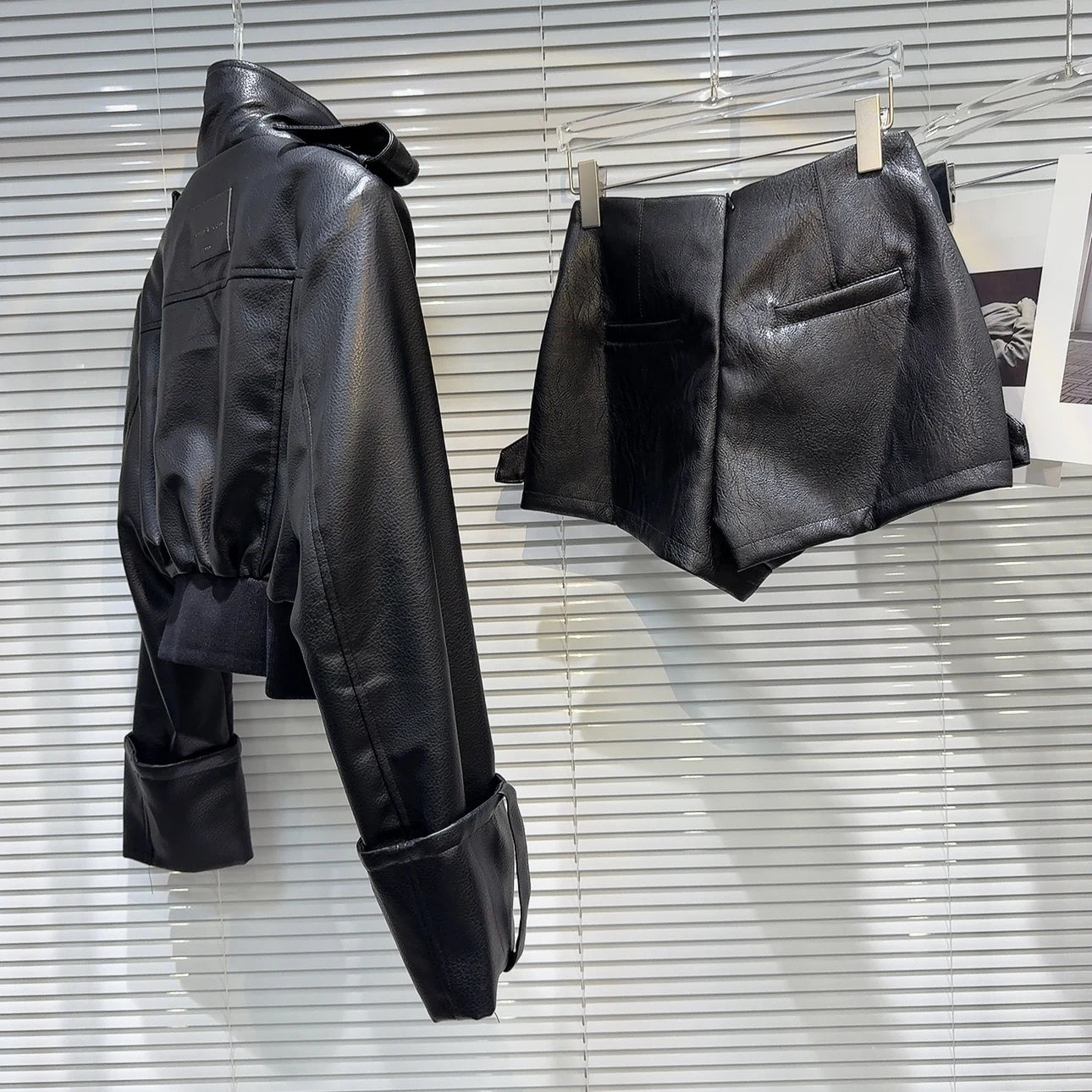 Cross-Belt Faux Leather Mini Set – Jacket + Shorts (2-Piece) - Rose In Concrete 🥀