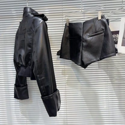 Cross-Belt Faux Leather Mini Set – Jacket + Shorts (2-Piece) - Rose In Concrete 🥀