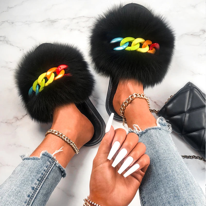 Women’s Fluffy Fox Fur Chain Slides, product view 9 - Rose in Concrete