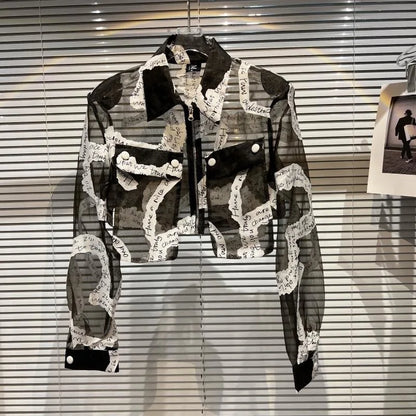 Transparent Mesh Crop Jacket – Turn-Down Collar & Lantern Sleeves - Rose In Concrete 🥀