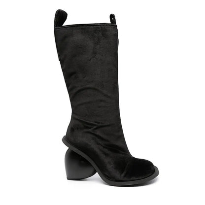 Heartbreak Heeled Mid-Calf Boots black microfiber leather mid-calf boot with sculptural curved heart heel, runway statement women’s fashion