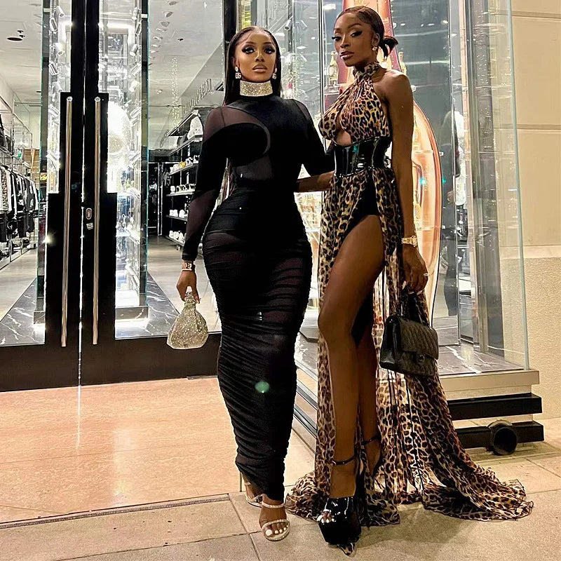 Black Velvet + Mesh Illusion velvet mock-neck bodysuit with mesh patchwork and ruched mesh maxi skirt 2-piece set for night out