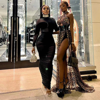 Black Velvet + Mesh Illusion velvet mock-neck bodysuit with mesh patchwork and ruched mesh maxi skirt 2-piece set for night out