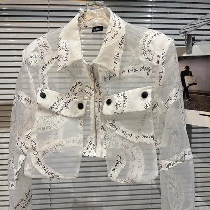 Transparent Mesh Crop Jacket – Turn-Down Collar & Lantern Sleeves - Rose In Concrete 🥀