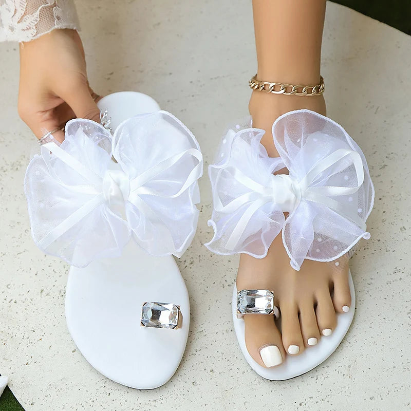 Oversized Organza Bow Platform Thong Sandals, product view 16 - Rose in Concrete
