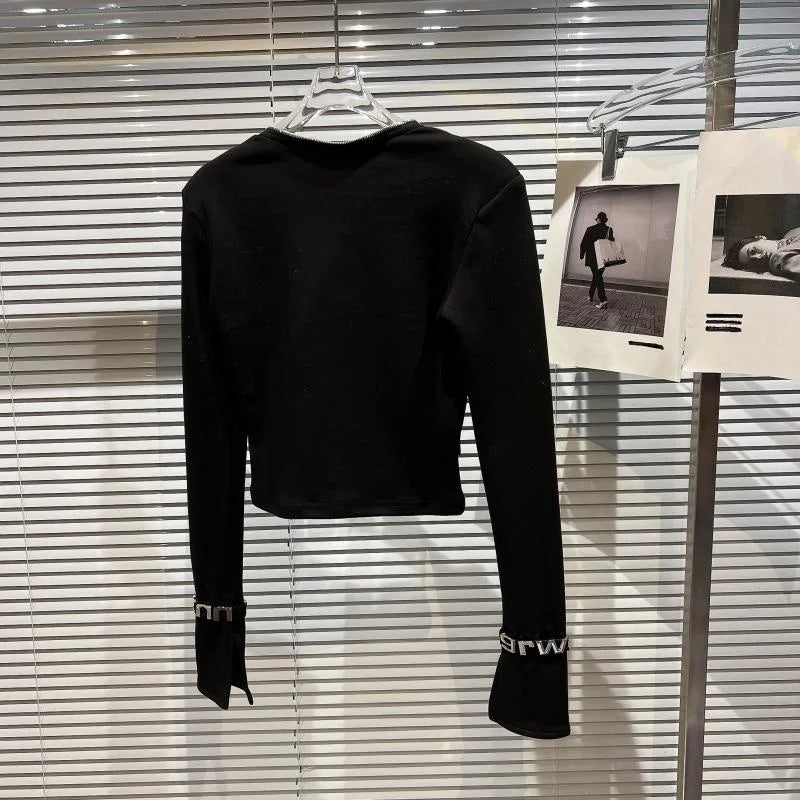 Asymmetric Zip Sculpt Long-Sleeve Top – Minimalist Streetwear Cutout Tee black long-sleeve cropped top with wrist accents on hanger