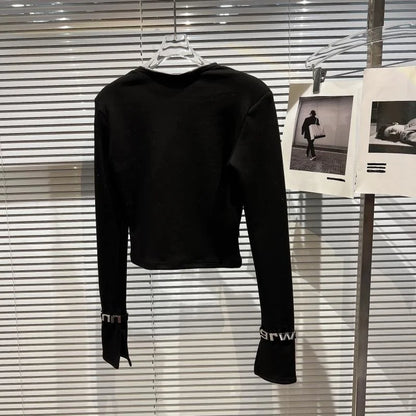 Asymmetric Zip Sculpt Long-Sleeve Top – Minimalist Streetwear Cutout Tee black long-sleeve cropped top with wrist accents on hanger