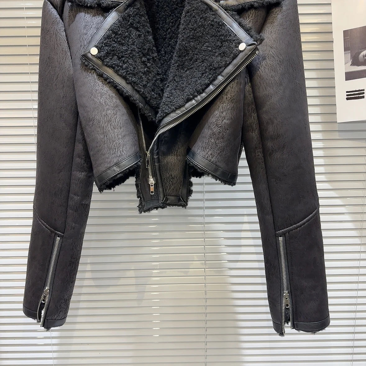 Faux-Leather Shearling Moto Jacket Cropped Winter Biker Coat