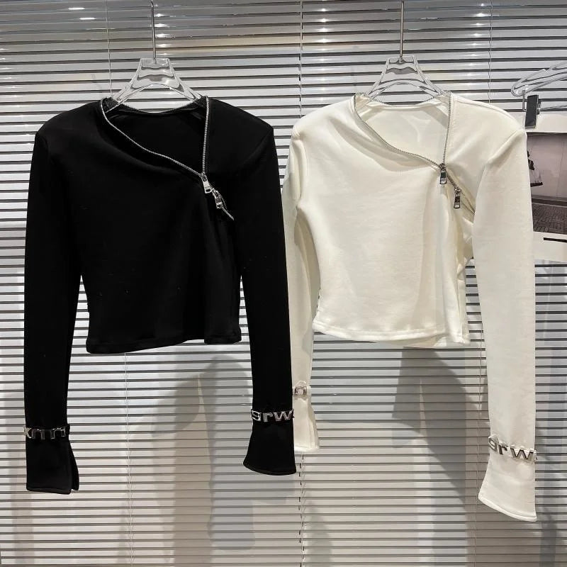 Alt Tag: Asymmetric Zip Sculpt Long-Sleeve Top – Minimalist Streetwear Cutout Tee in black and white, diagonal zipper, sculpted stretch fit