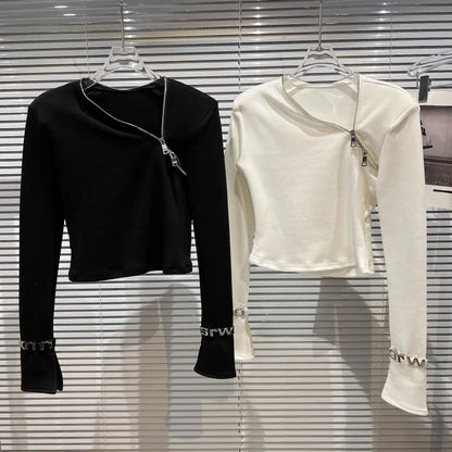 Alt Tag: Asymmetric Zip Sculpt Long-Sleeve Top – Minimalist Streetwear Cutout Tee in black and white, diagonal zipper, sculpted stretch fit