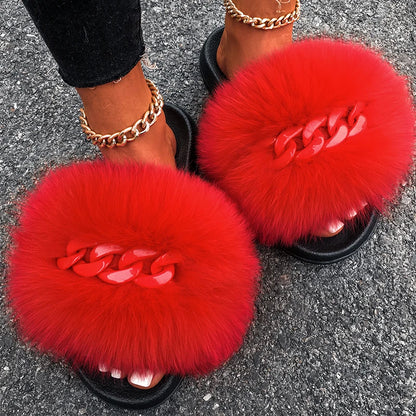 Women’s Fluffy Fox Fur Chain Slides, product view 8 - Rose in Concrete