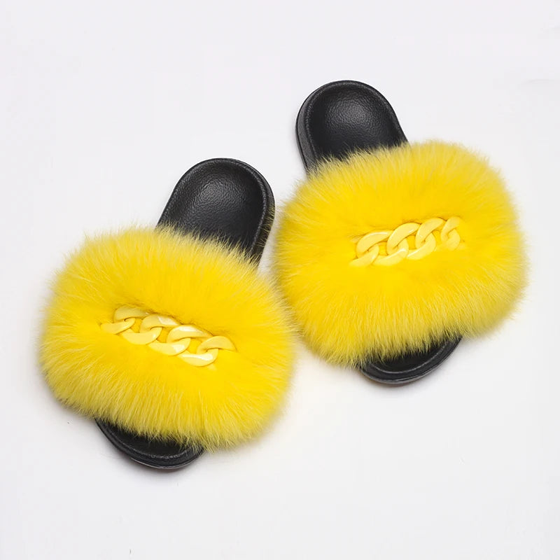 Women’s Fluffy Fox Fur Chain Slides, product view 18 - Rose in Concrete