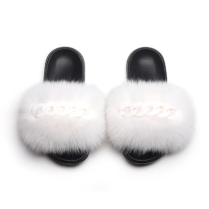 Women’s Fluffy Fox Fur Chain Slides