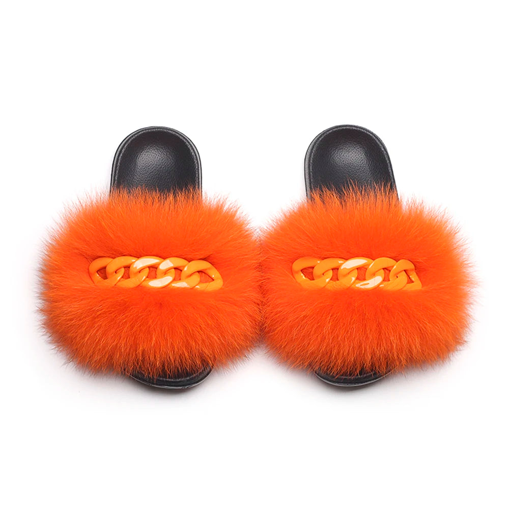 Women’s Fluffy Fox Fur Chain Slides