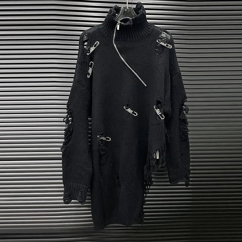 Distressed Half-Zip High Collar Knit Sweater in black with shredded holes, asymmetrical hem and edgy streetwear hardware, oversized fit