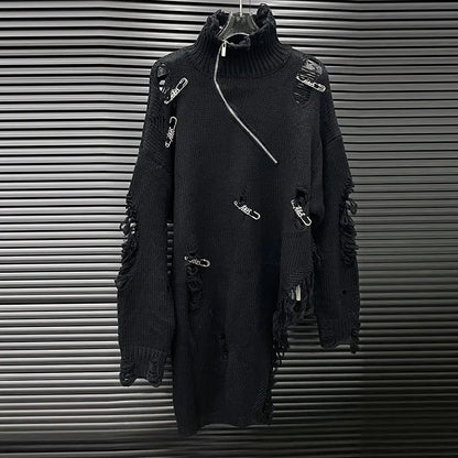 Distressed Half-Zip High Collar Knit Sweater in black with shredded holes, asymmetrical hem and edgy streetwear hardware, oversized fit