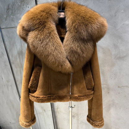 Alt Tag: Shearling Luxe Fur-Collar Leather Jacket – Premium Winter Outerwear women's suede leather jacket with oversized shearling collar