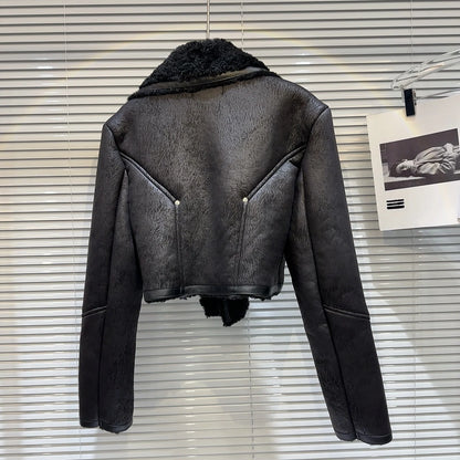 Faux-Leather Shearling Moto Jacket Cropped Winter Biker Coat - Rose In Concrete 🥀