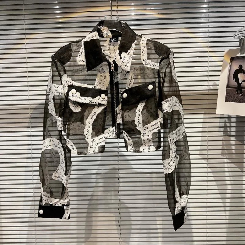 Transparent Mesh Crop Jacket – Turn-Down Collar & Lantern Sleeves - Rose In Concrete 🥀