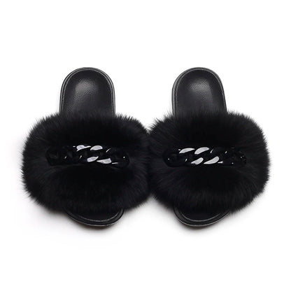 Women’s Fluffy Fox Fur Chain Slides
