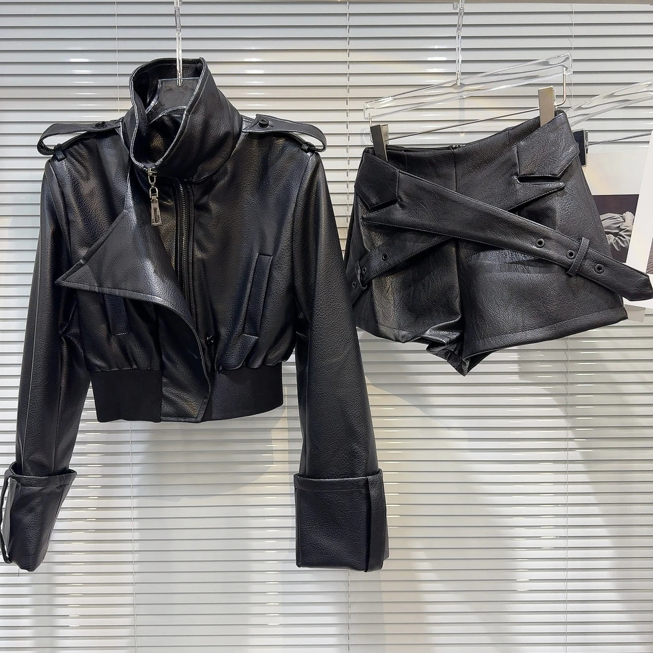 Cross-Belt Faux Leather Mini Set – Jacket + Shorts (2-Piece) - Rose In Concrete 🥀