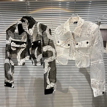Transparent Mesh Crop Jacket – Turn-Down Collar & Lantern Sleeves - Rose In Concrete 🥀