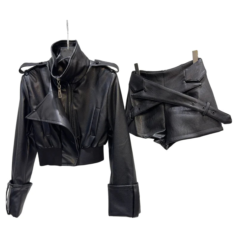 Cross-Belt Faux Leather Mini Set – Jacket + Shorts (2-Piece) showcasing faux leather mini set with jacket and shorts.