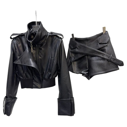Cross-Belt Faux Leather Mini Set – Jacket + Shorts (2-Piece) showcasing faux leather mini set with jacket and shorts.