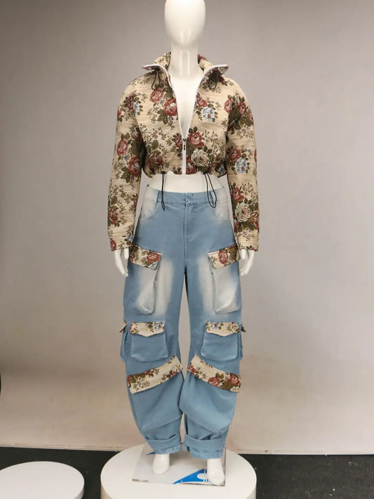 Floral Bomber Crop Jacket & Cargo Patchwork Wide-Leg Jean Set featuring a floral bomber jacket and cargo jeans set on a mannequin.