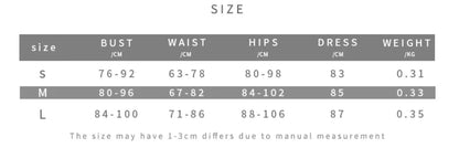 Size chart for draped cowl neck mini dress, showing measurements for S, M, and L sizes.