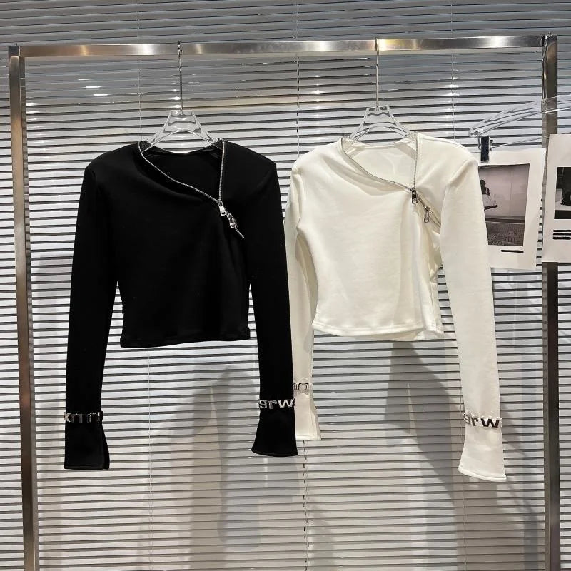 Alt Tag: Asymmetric Zip Sculpt Long-Sleeve Top – Minimalist Streetwear Cutout Tee in black and white, diagonal zip, sculpted fit, wrist accents