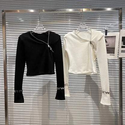 Alt Tag: Asymmetric Zip Sculpt Long-Sleeve Top – Minimalist Streetwear Cutout Tee in black and white, diagonal zip, sculpted fit, wrist accents