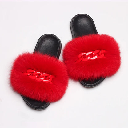 Women’s Fluffy Fox Fur Chain Slides