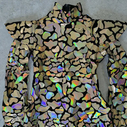 Alt Tag: Galaxy Armor Holographic Mini Dress with reflective holographic appliqués, sculpted waist and exaggerated shoulders, front view