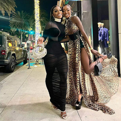 Black Velvet + Mesh Illusion two-piece maxi dress set with mock-neck bodysuit and ruched mesh skirt styled for a night out