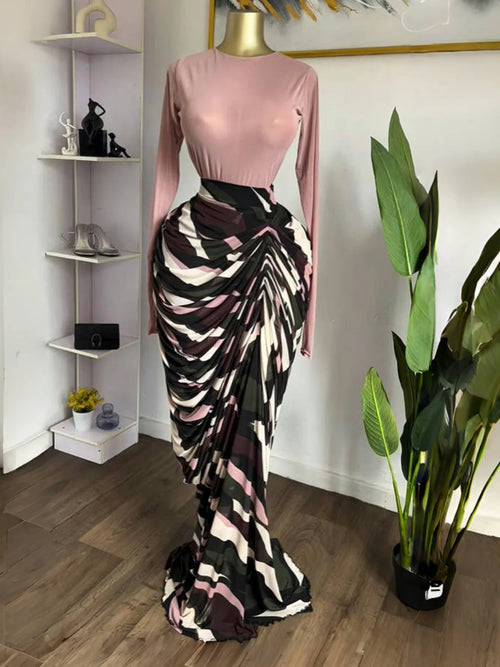 Sculpted Mirage Draped Maxi Dress featuring draped pleats and fitted knit top for a stunning hourglass silhouette.