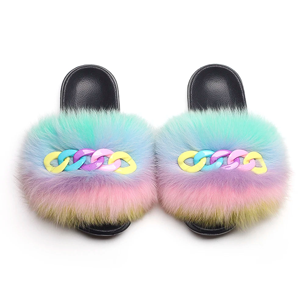 Women’s Fluffy Fox Fur Chain Slides
