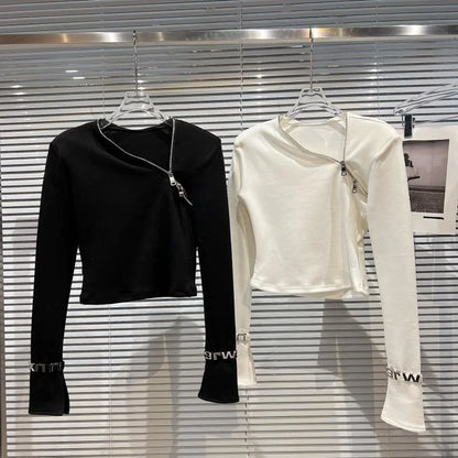 Alt Tag: Asymmetric Zip Sculpt Long-Sleeve Top – Minimalist Streetwear Cutout Tee in black and white, diagonal zip neckline, cropped long sleeves
