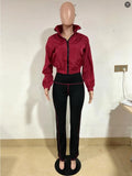 Velocity Luxe Zip-Front Active 2-Piece Set | Contrast Stitch Leggings & Cropped Jacket glossy zip jacket and contrast stitch leggings on mannequin
