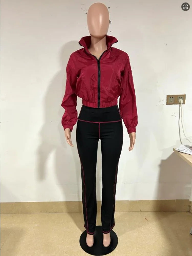 Velocity Luxe Zip-Front Active 2-Piece Set | Contrast Stitch Leggings & Cropped Jacket glossy zip jacket and contrast stitch leggings on mannequin