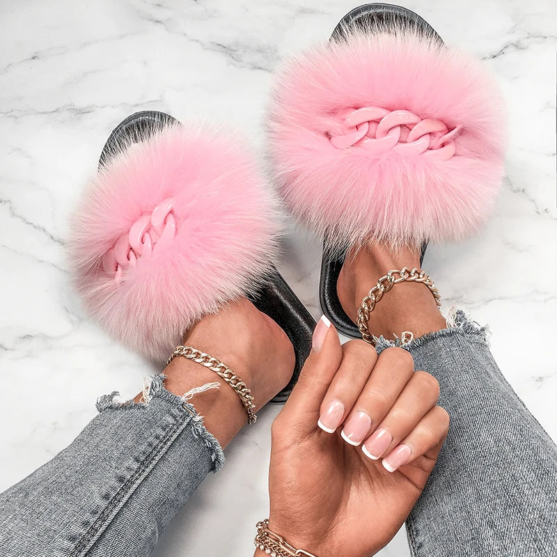 Women’s Fluffy Fox Fur Chain Slides, product view 11 - Rose in Concrete