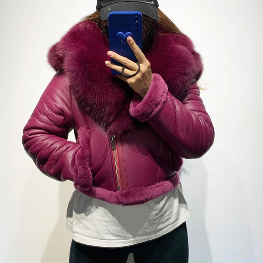 Shearling Luxe Fur-Collar Leather Jacket showcasing its plush design and stylish look for premium winter outerwear.