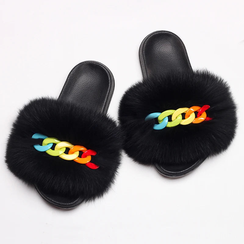Women’s Fluffy Fox Fur Chain Slides, product view 20 - Rose in Concrete